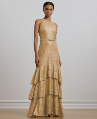 Lauren Ralph Lauren Women's Belted Metallic Lace Tiered Gown - Macy's
