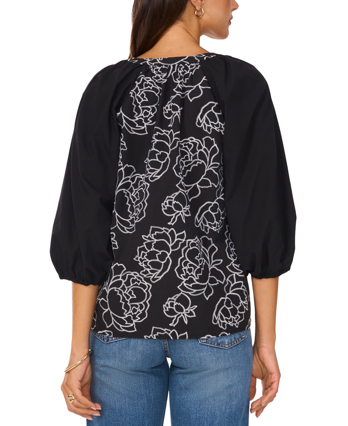 Shop Vince Camuto Women's Raglan-sleeve Embroidered Button-front Top In Rich Black