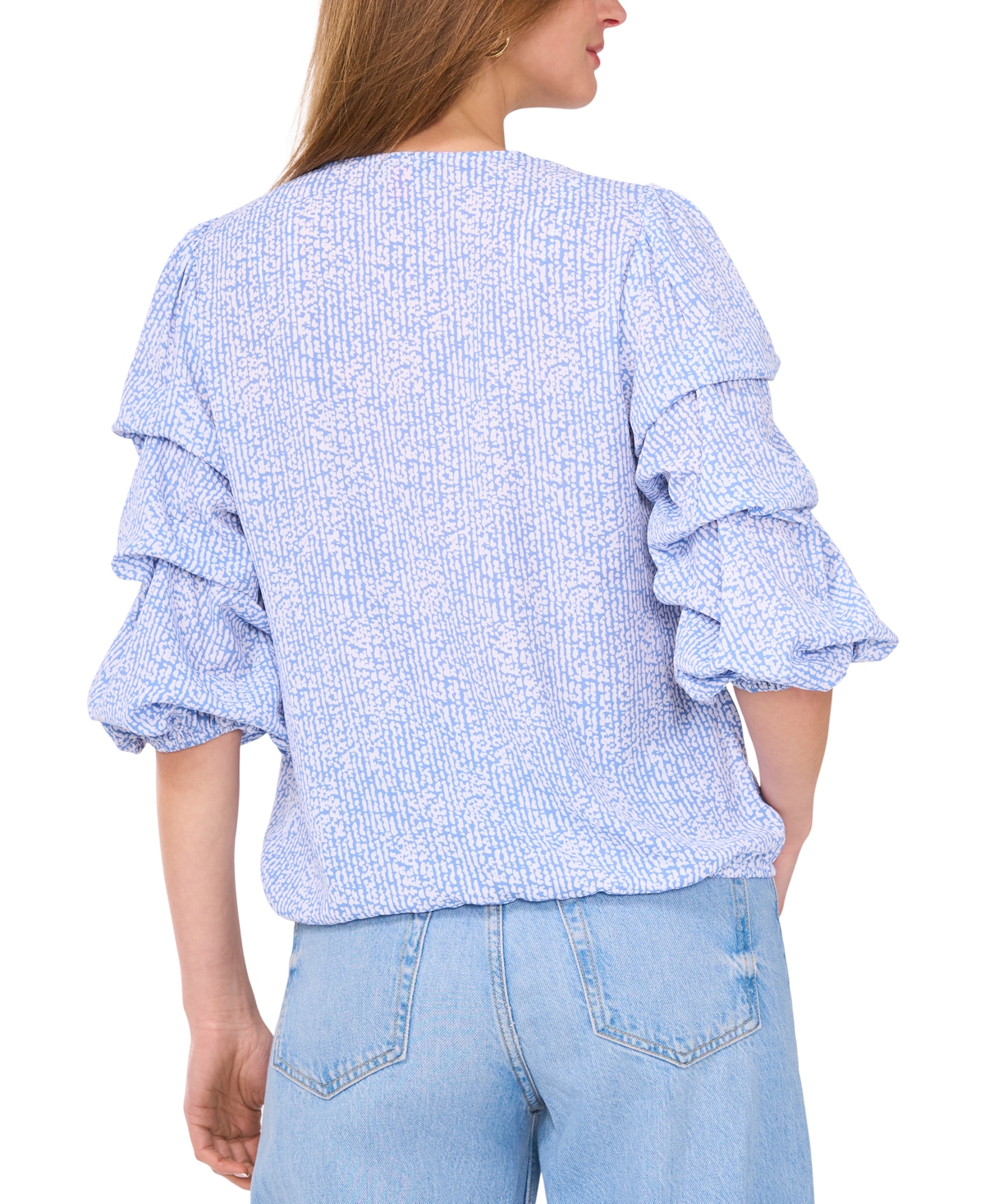 VINCE CAMUTO WOMEN'S PRINTED V-NECK BUBBLE-SLEEVE TOP 