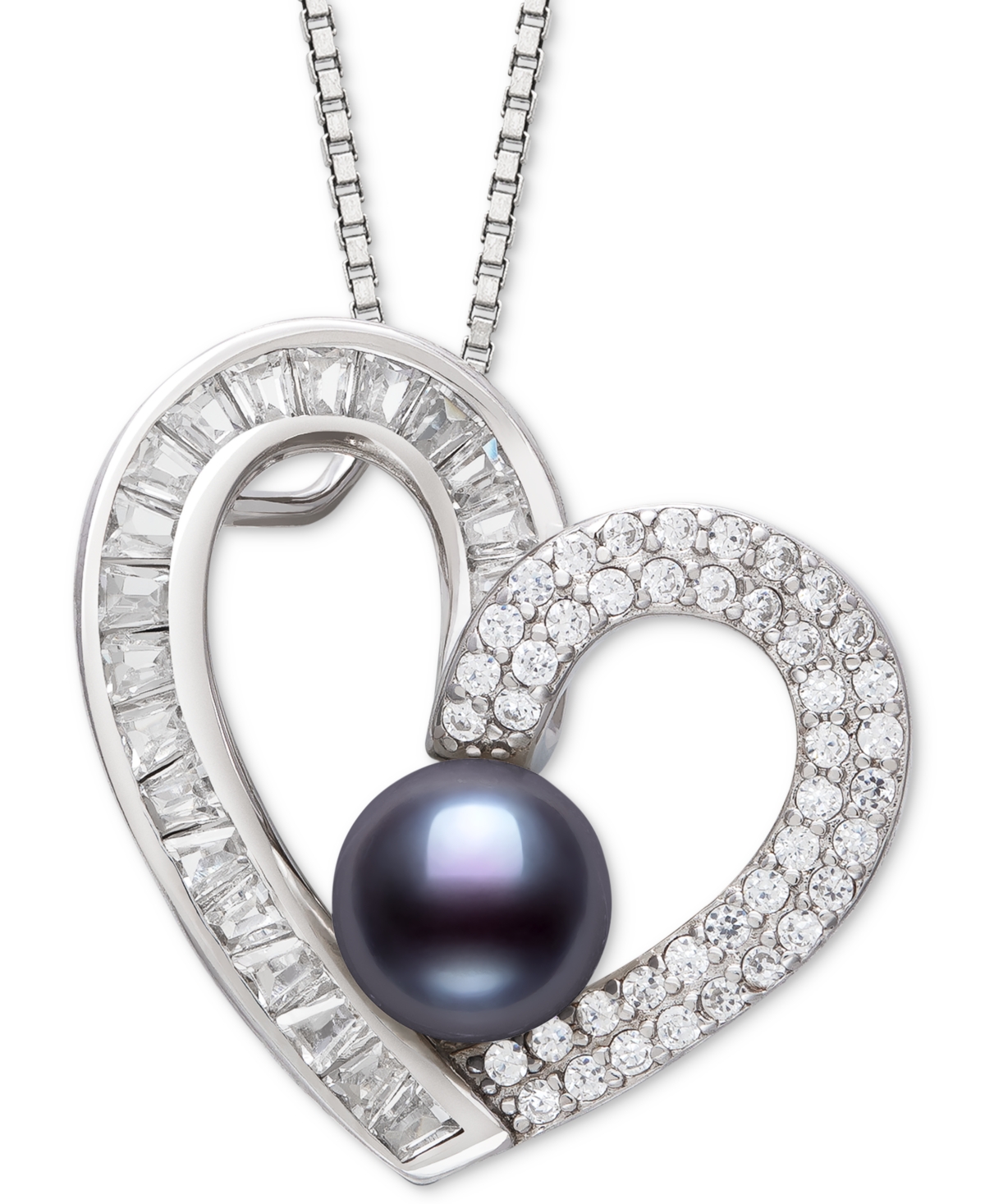 Dyed Black Peacock Cultured Freshwater Pearl (6-7mm) & Cubic Zirconia Heart Pendant 18" Necklace in Sterling Silver - Black