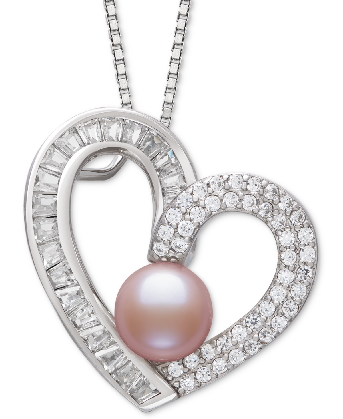Dyed Black Peacock Cultured Freshwater Pearl (6-7mm) & Cubic Zirconia Heart Pendant 18" Necklace in Sterling Silver - Black