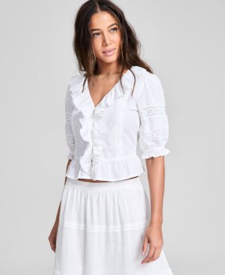 And Now This - Petite Ruffled-Front Clip-Dot Cotton Top