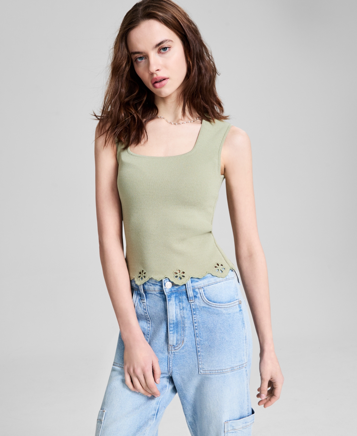 Petite Eyelet-Trim Knit Tank Top, Exclusively at Macy's - Herbal Sage