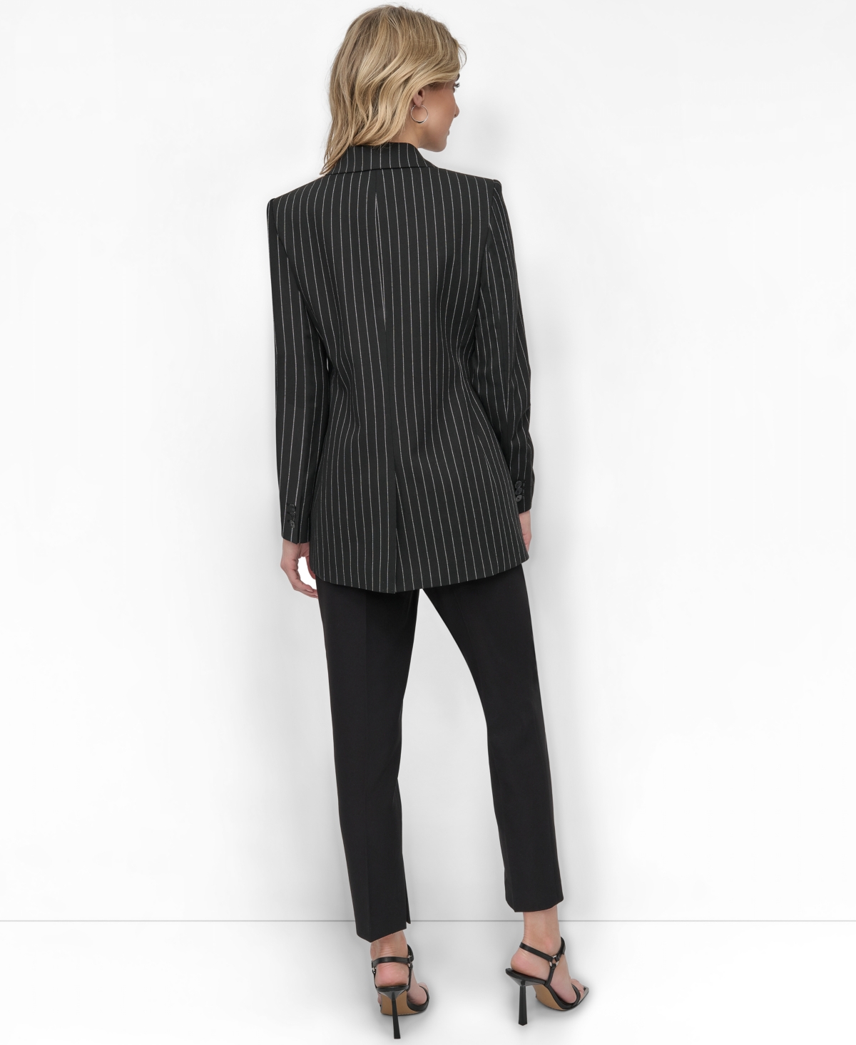 Shop Dkny Women's Pinstripe Double-breasted Peak-lapel Blazer In Black,ivory Stripe