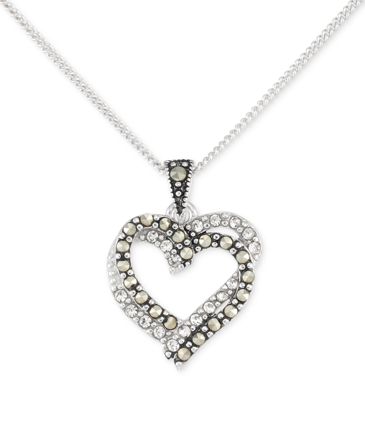 MACY'S MARCASITE & CRYSTAL INTERLOCKING HEARTS 18" PENDANT NECKLACE IN STERLING SILVER 