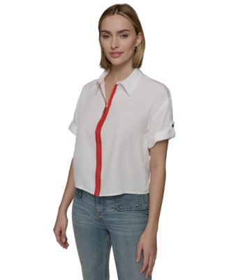 KARL LAGERFELD PARIS - Women's Contrast-Placket Zip-Front Shirt