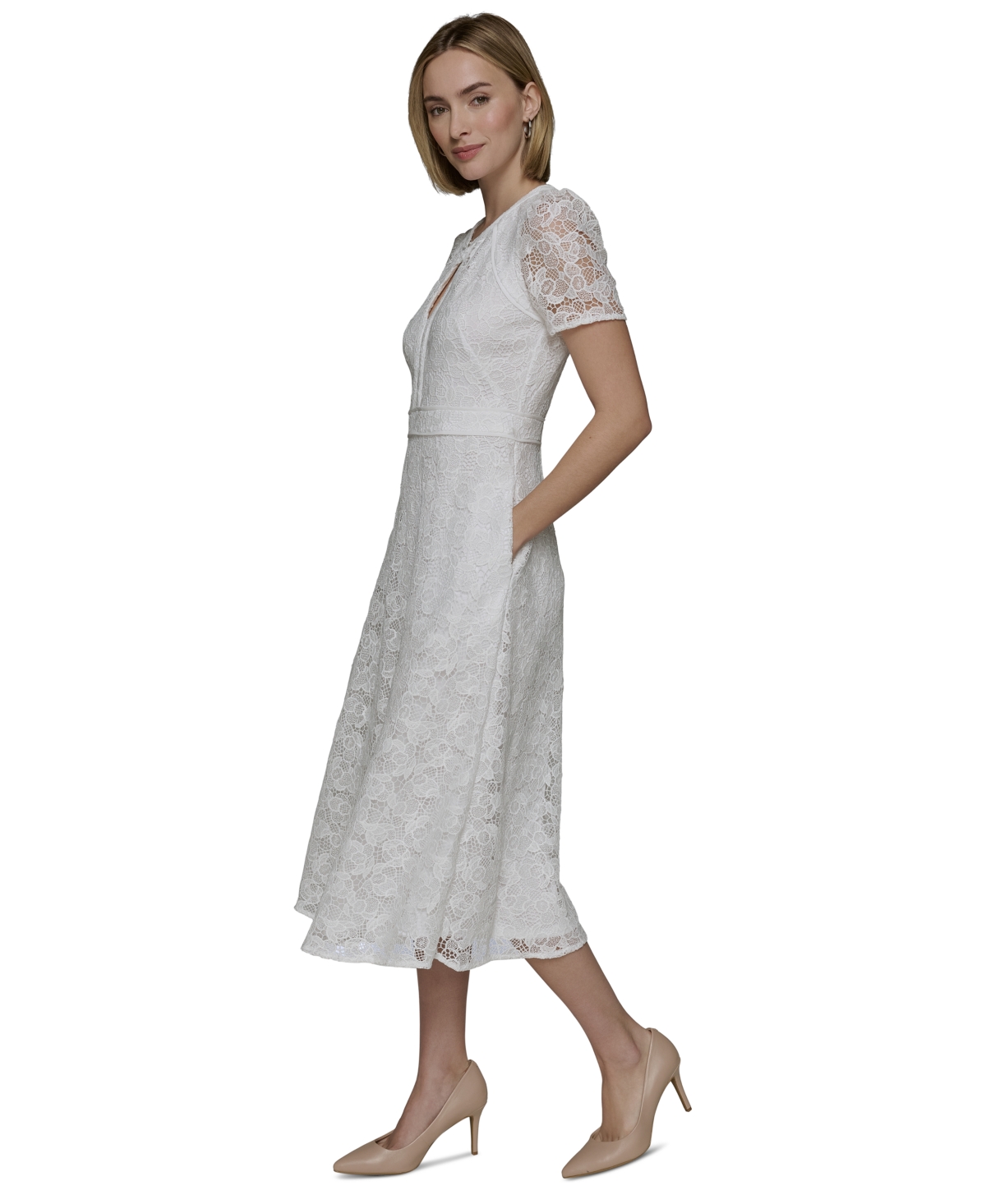 Karl Lagerfeld Women's Lace Keyhole Midi Dress In Soft White
