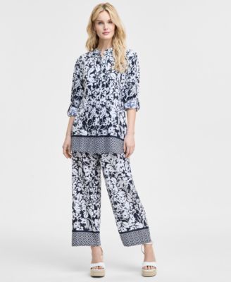 Tommy Hilfiger Womens Printed Long Sleeve Tunic Wide Leg Pants In Sky Captain,bright White