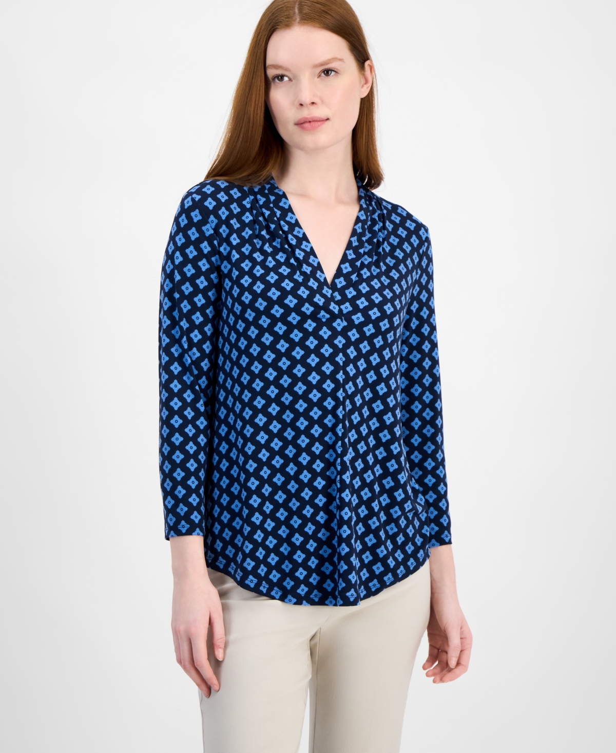 Jm Collection Women's Print & Solid 3/4 Sleeve V-neck Knit Top, Created For Macy's In Blue