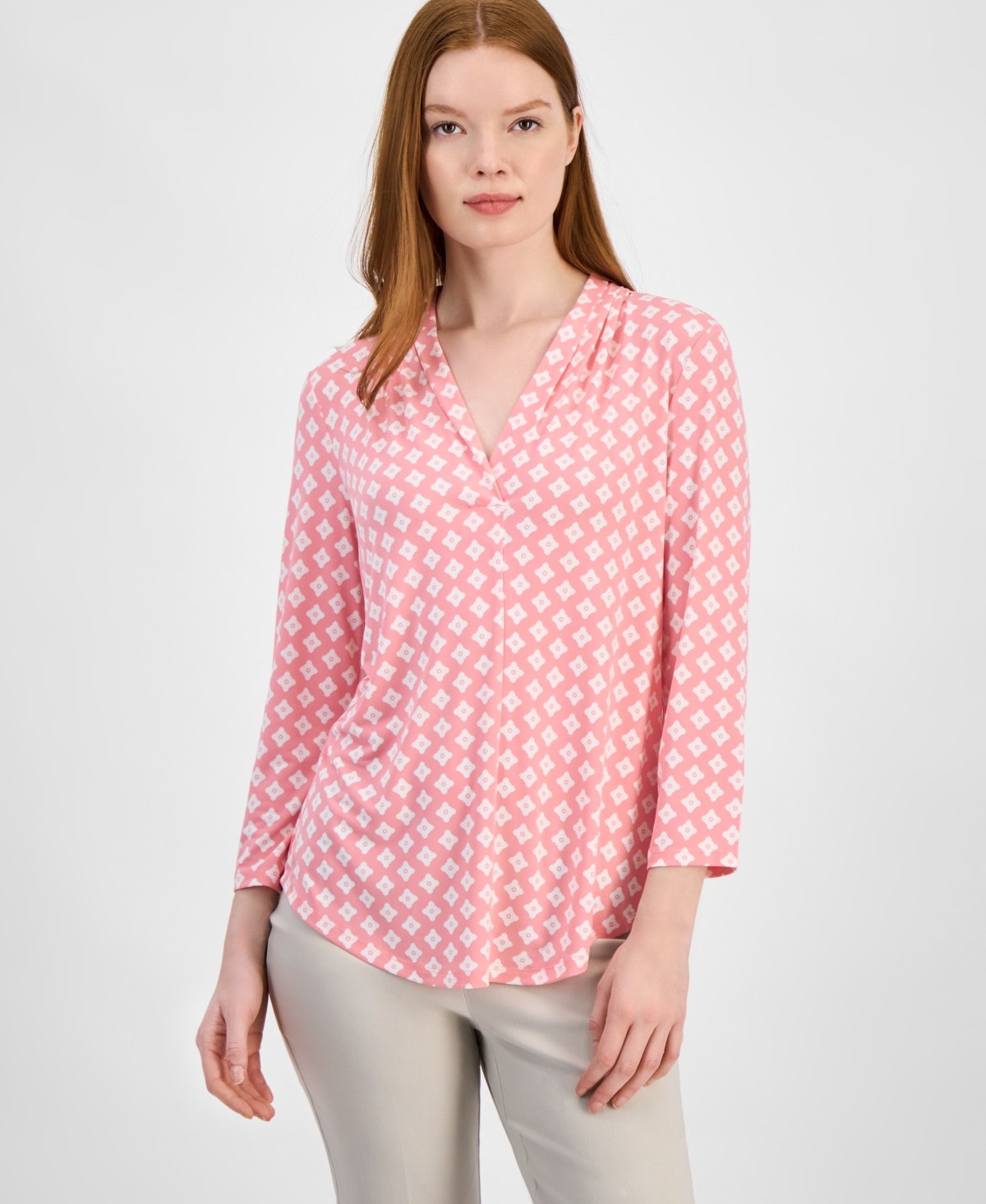 Jm Collection Women's Print & Solid 3/4 Sleeve V-neck Knit Top, Created For Macy's
