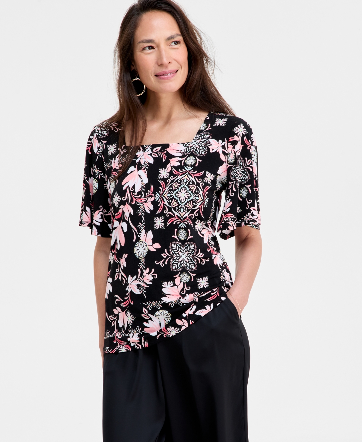 Jm Collection Women's Printed Flutter-sleeve Top, Exclusively At Macy's In Deep Black Combo