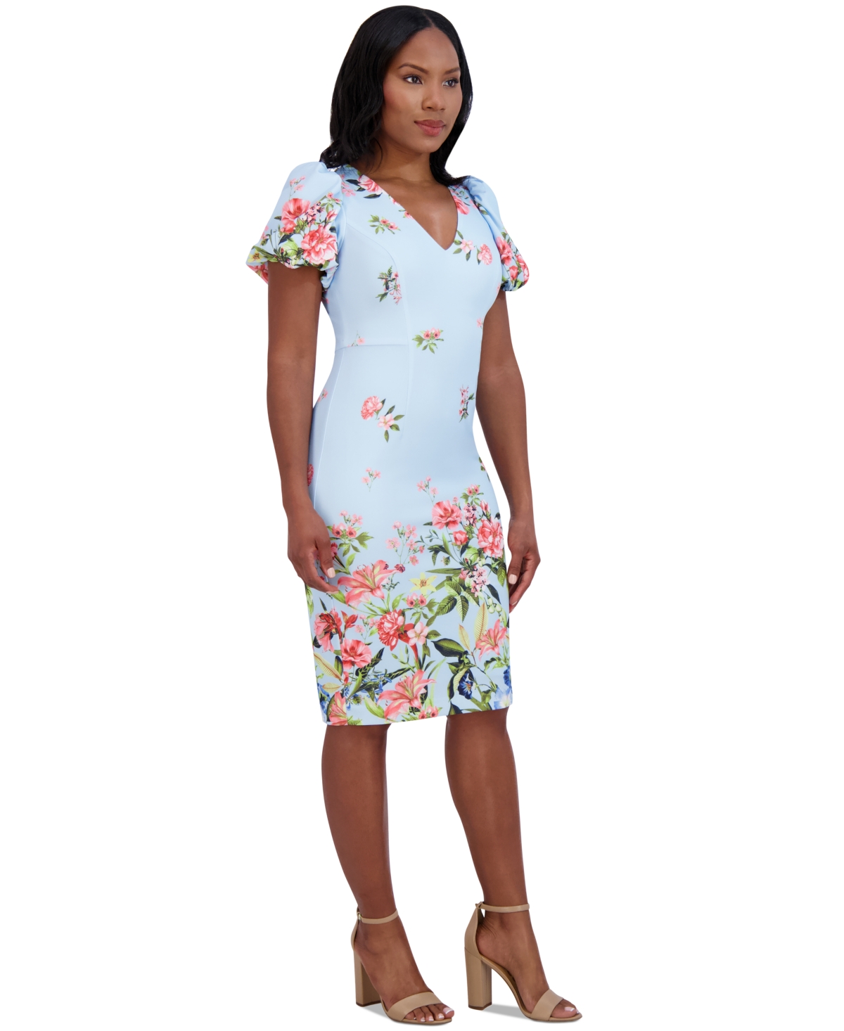 Shop Eliza J Women's Printed V-neck Bubble-sleeve Sheath Dress In Light Blue