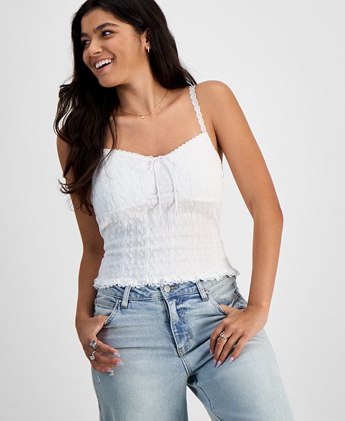 alfani Just Polly Junior's Textured-Knit Lace-Trim Cami Top Juniors'