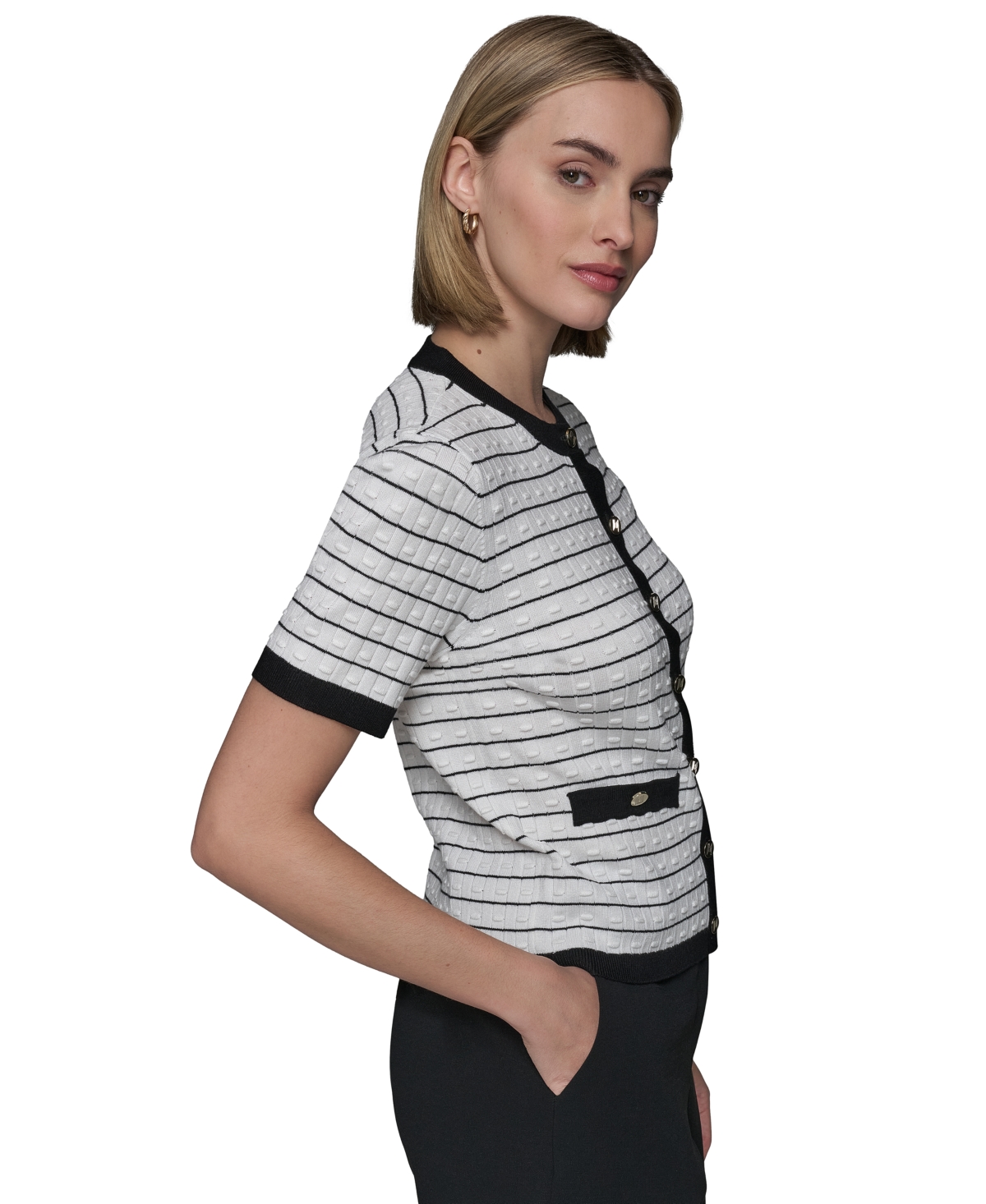 Shop Karl Lagerfeld Women's Striped Short-sleeve Cardigan In Soft White Black
