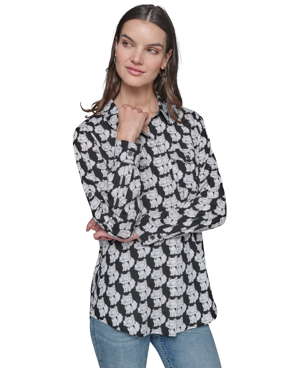 KARL LAGERFELD WOMEN'S MOTIF ROLL-TAB-SLEEVE BUTTON-FRONT TOP 