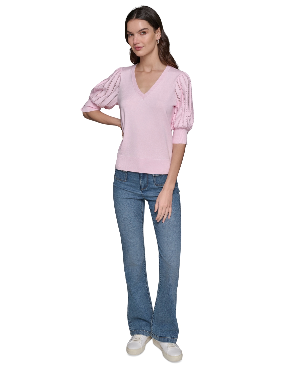 Shop Karl Lagerfeld Women's Puffed-sleeve V-neck Sweater In Parfait