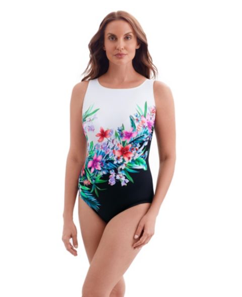 Женские купальники Longitude Women's Glamour Floral Panel Scoopback Highneck Long Torso One-Piece Swimsuit