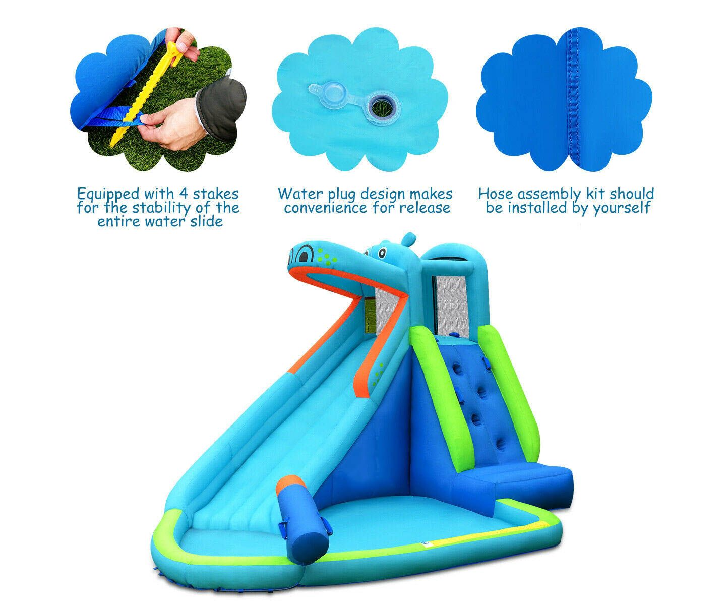 Детский игровой набор Slickblue Hippo Inflatable Water Slide Bounce House Playset, 2-3 Users, Ages 3+, цвет: Синий — фото 5