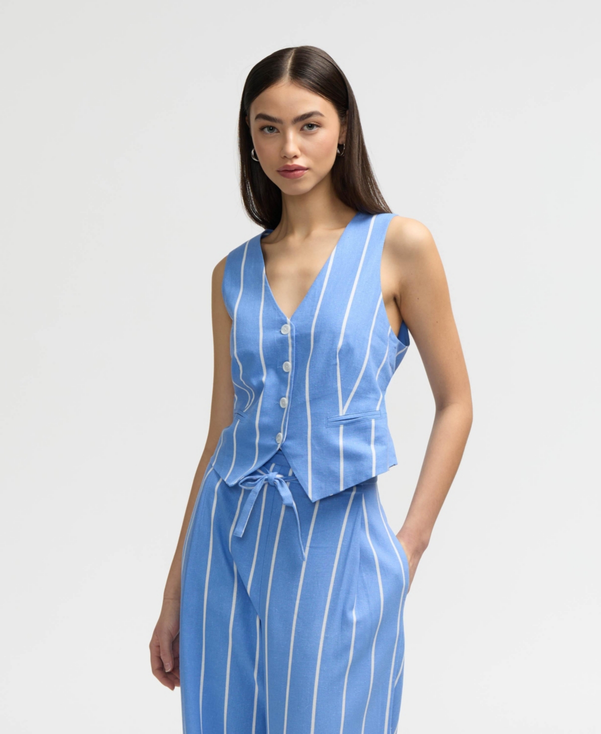 Women s Button Front Basic Vest - Blue/white stripe