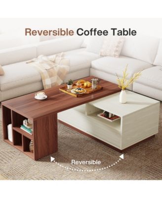 Coffee Table, Extendable Coffee Table with 2 Drawers and Storage Shelves, Rectangular Wooden Center Table with Reversible Tabletop for Living Room (White & Walnut
