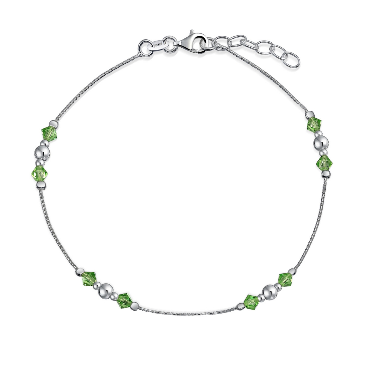 Lime Green Crystal Bead Anklet Ankle Bracelet Sterling Silver 9-10" - Green