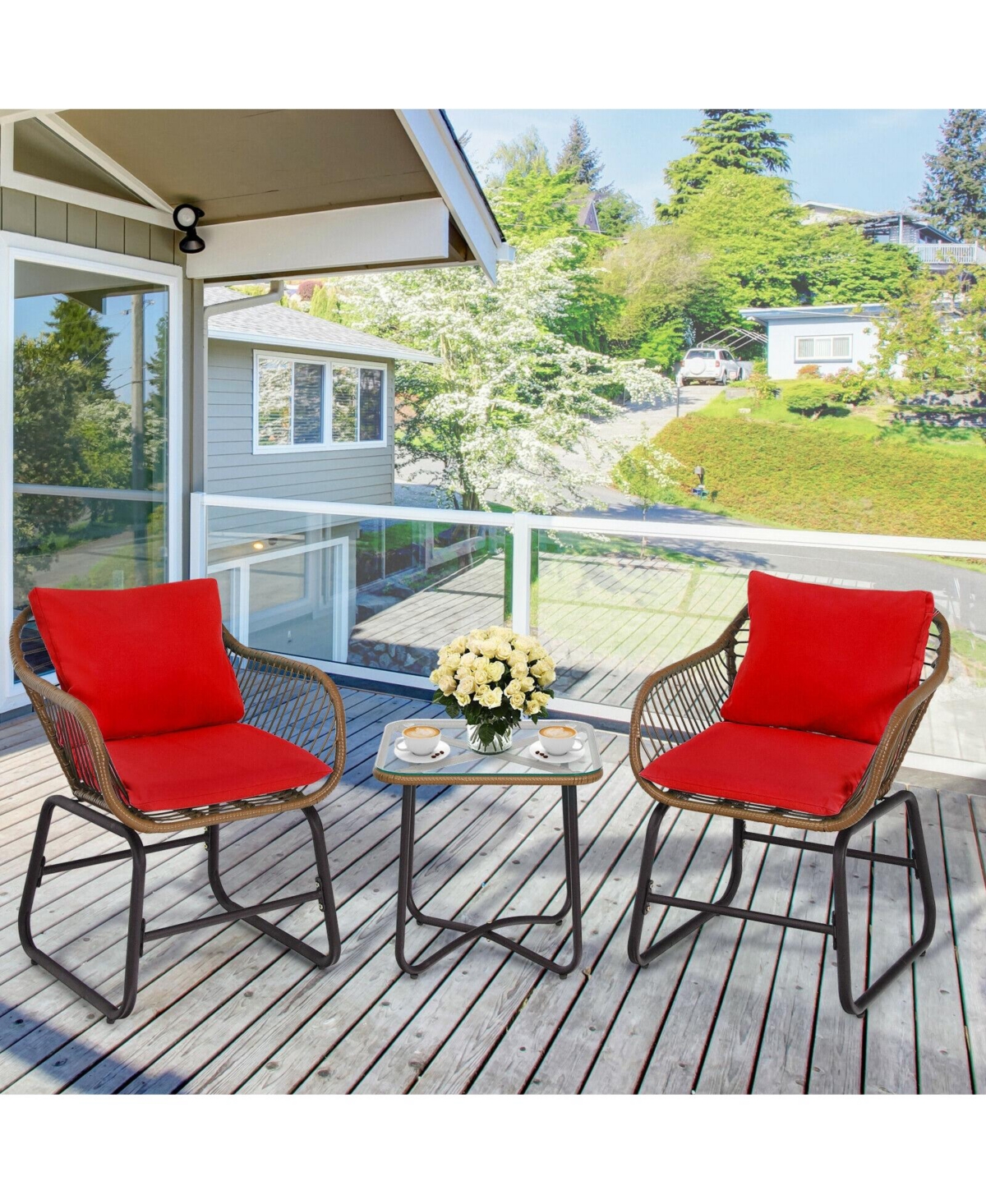 3-Piece Patio Bistro Set Cushioned Chairs & Glass Table for Deck, Balcony, or Garden