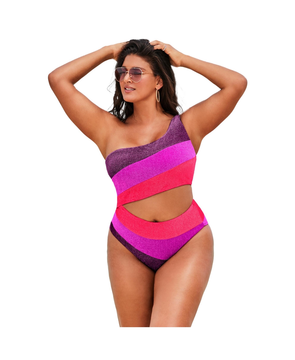 Women's One Shoulder Color Block Cutout One Piece Swimsuit - Black sparkle