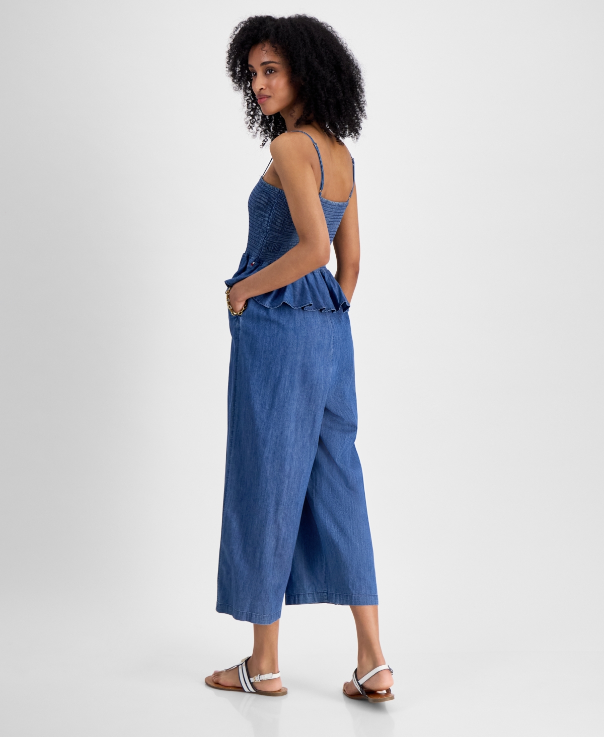 Tommy Hilfiger Women's Chambray Peplum Jumpsuit In Med Benson