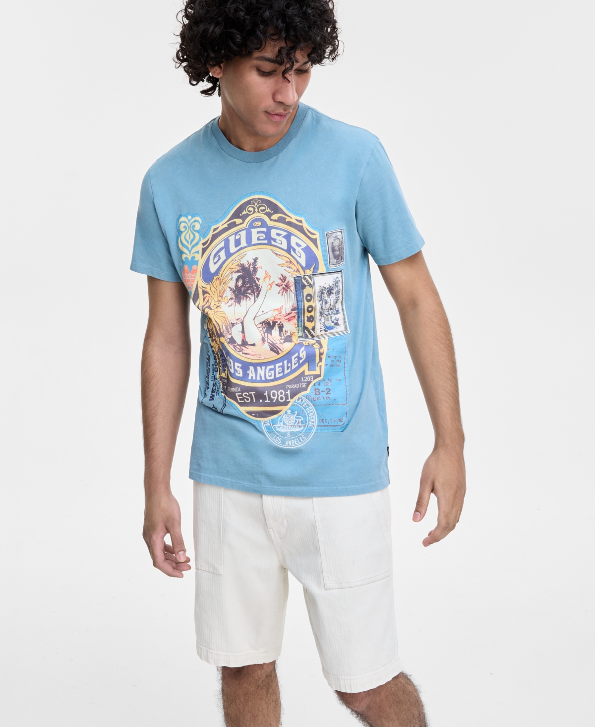 Guess Men's World Stamp Logo Graphic T-shirt In Blue