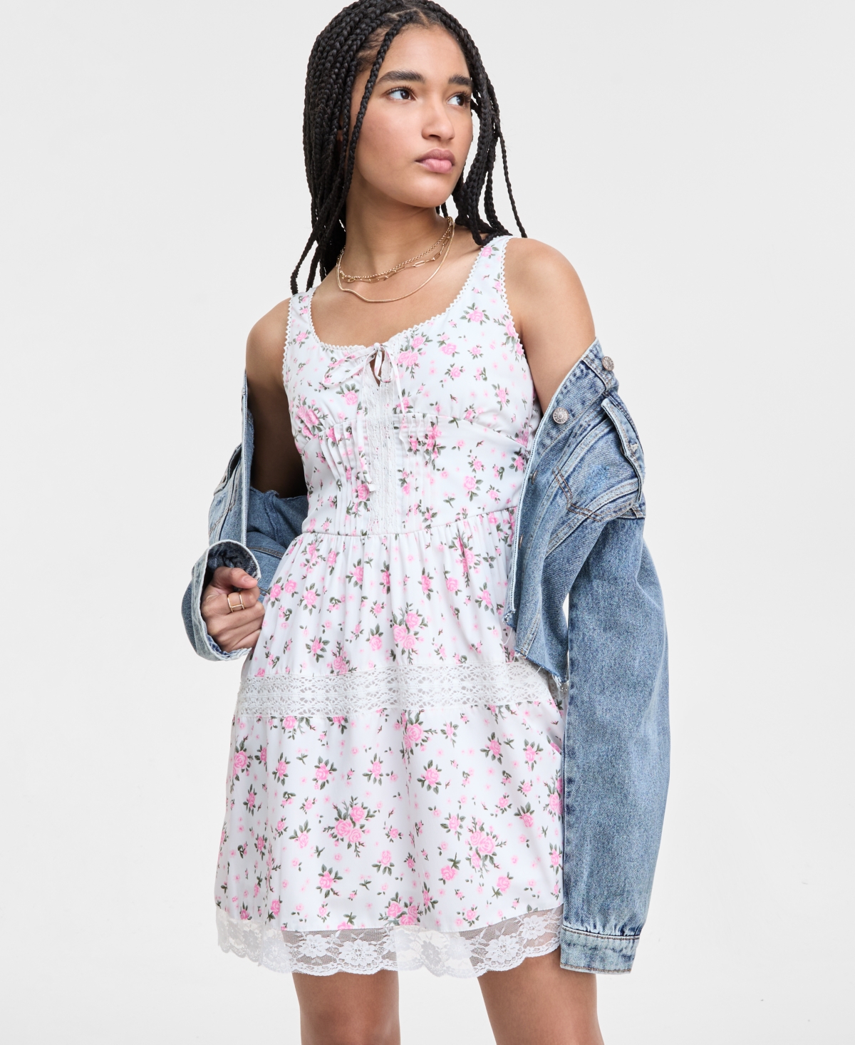 Juniors' Printed Sleeveless Corset Mini Dress - Egret