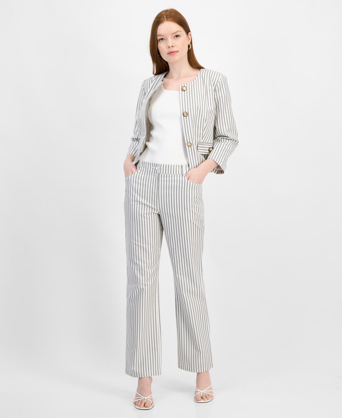 Women's Striped Cotton Straight-Leg Pants - White Star W Stripe