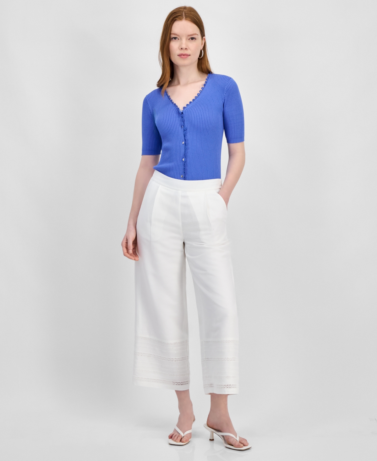 Women's Eyelet-Trim Cropped Pull-On Pants - White Star