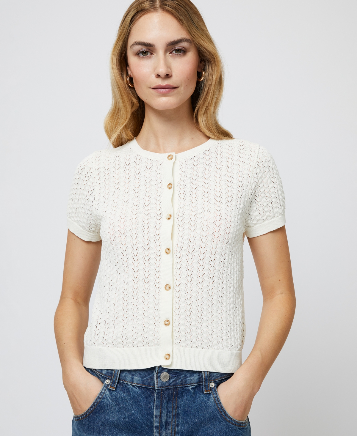 French Connection Pointelle Cotton Blend Cardigan In Cream