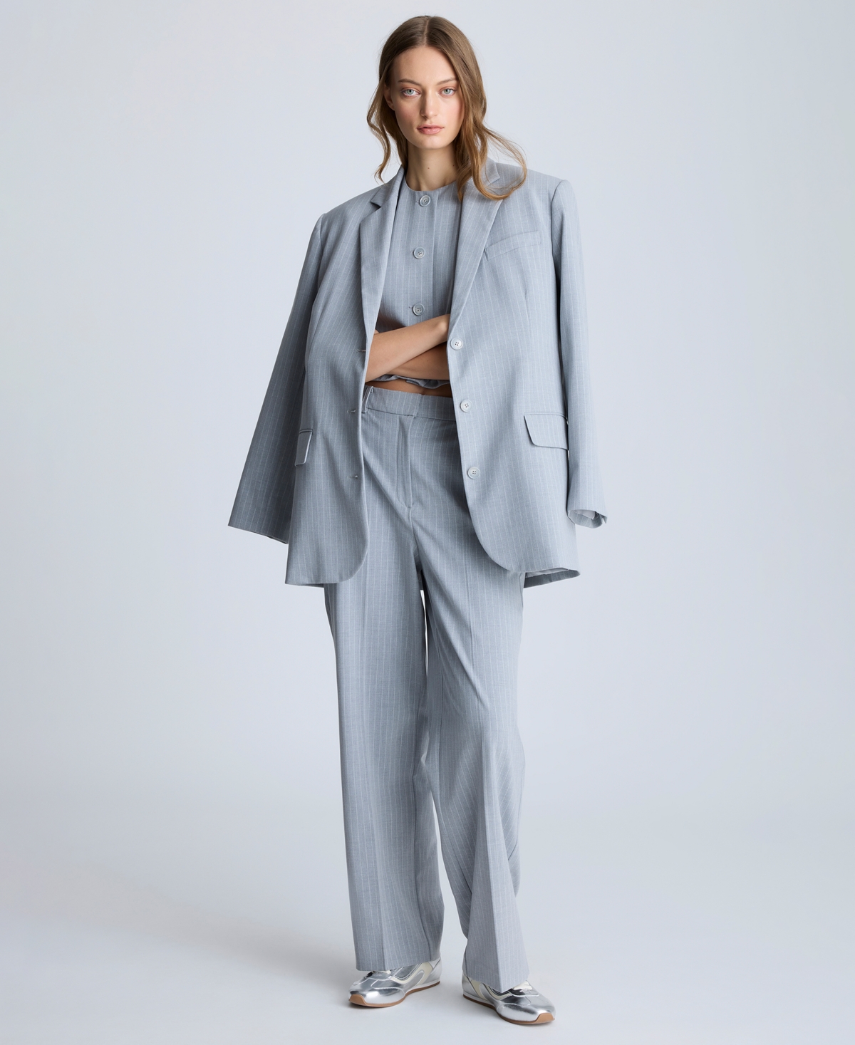 Kenneth Cole Pinstripe Button Notch Collar Jacket In Grey Dusk,pure White