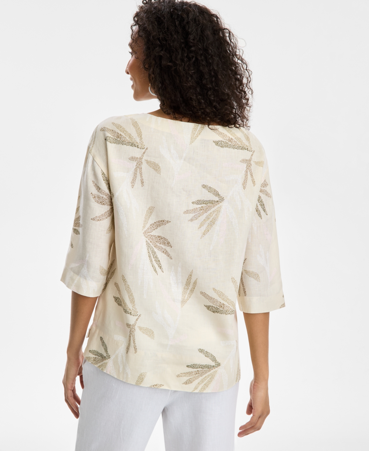 CHARTER CLUB WOMEN'S PALM-PRINT 100% LINEN TOP, EXCLUSIVELY AT MACY'S 