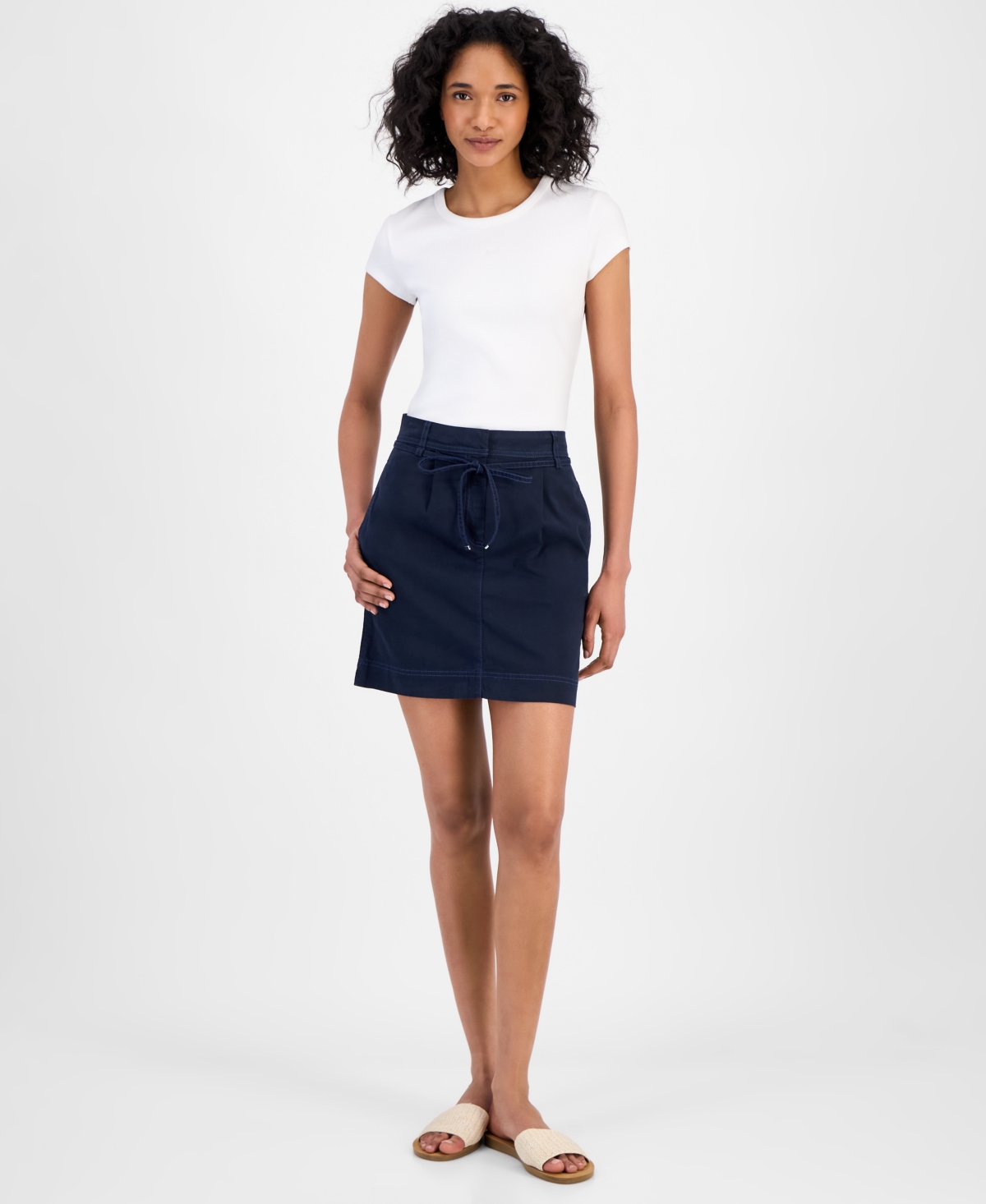 Women's Belted Front-Zip Mini Skirt - Stone
