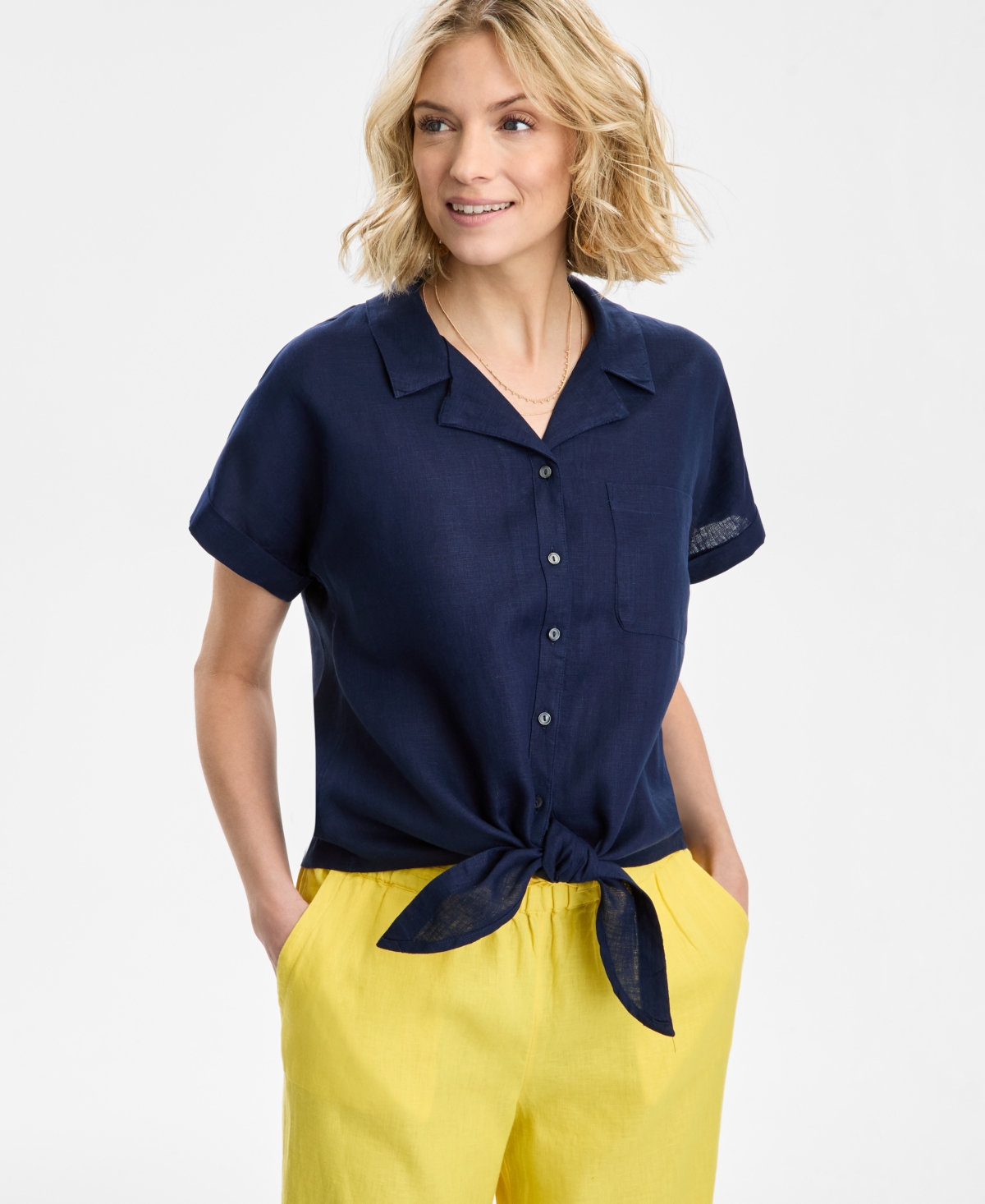 CHARTER CLUB WOMEN'S 100% LINEN TIE-FRONT SHIRT, CREATED FOR MACY'S 