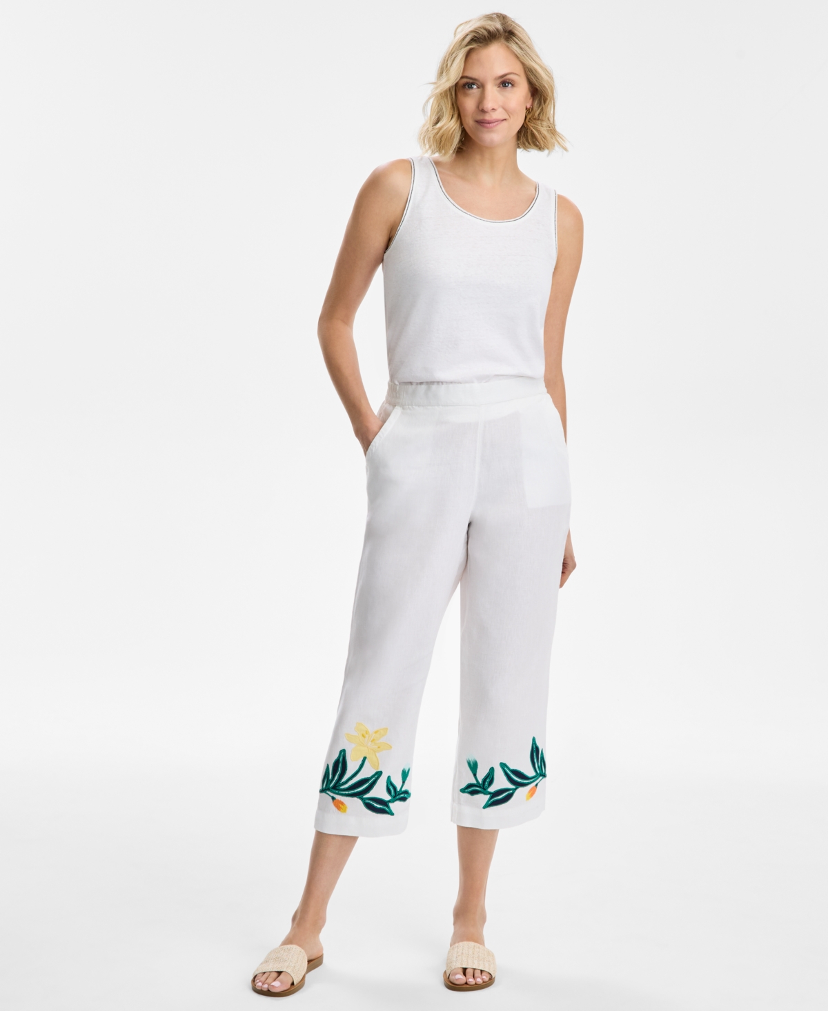 Charter Club Women's Woven Cropped 100% Linen Pants, Exclusively At Macy's In Bright White