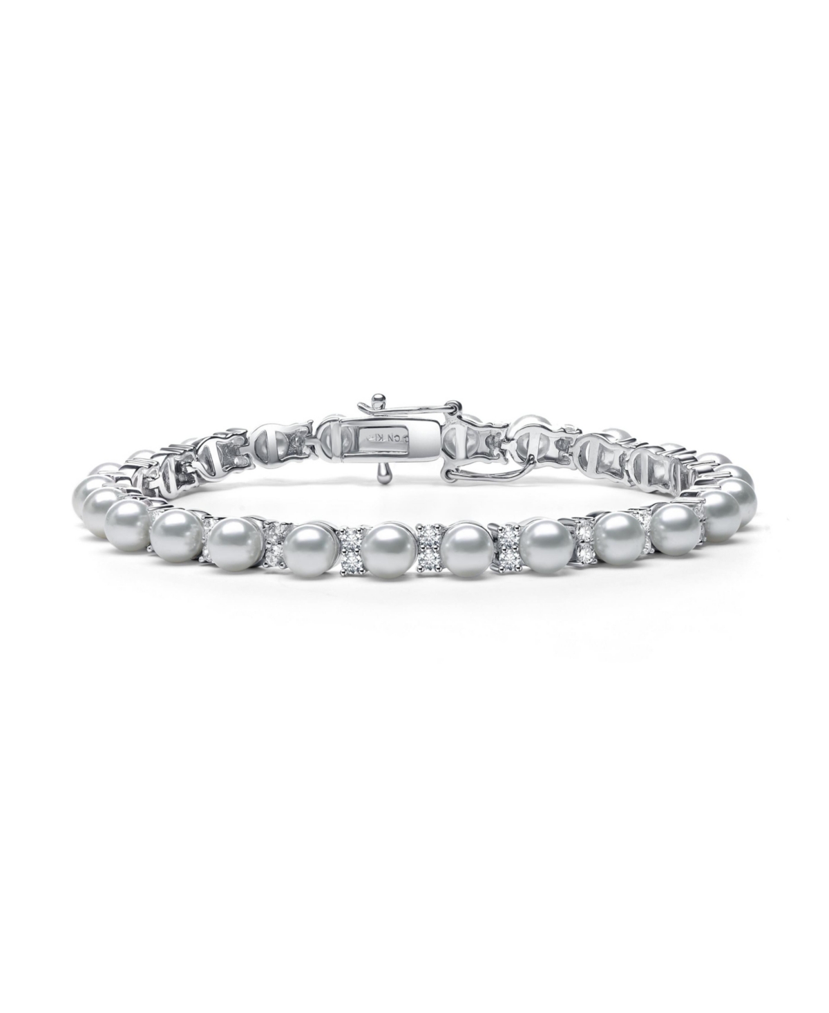 Sterling Silver with Clear Cubic Zirconia & White Pearl Tennis Bracelet in White Gold Plated or 14K Gold Plated - White