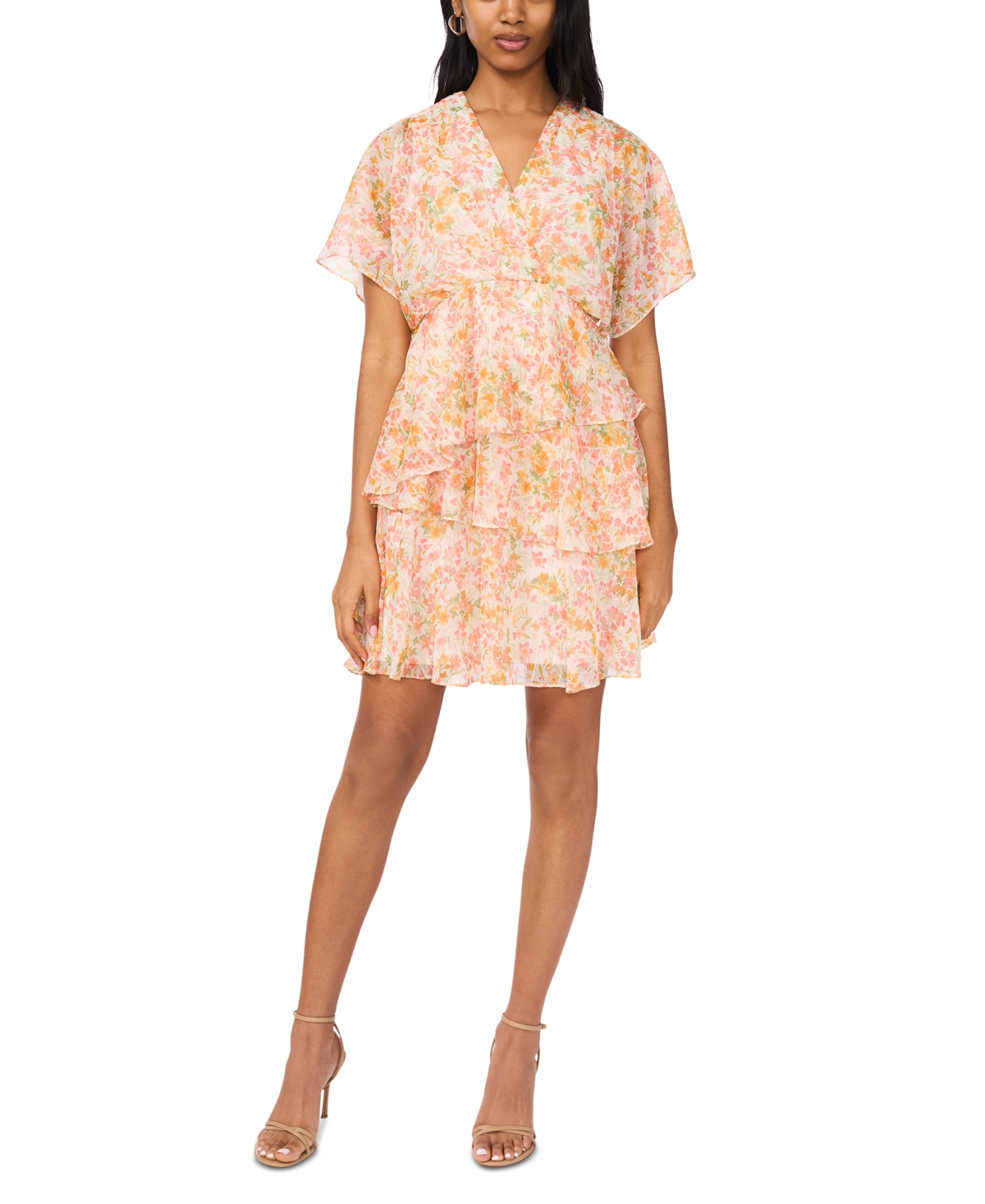 Women's Printed V-Neck Dolman-Sleeve Tiered Dress - Coral/almond