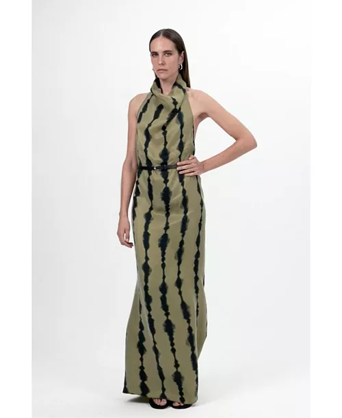women's belt detailed printed maxi dress