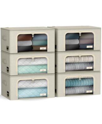 6 Pack Small Foldable Storage Box - Metal Frame, Oxford Fabric, Large Window & Handles - Organization for Bedroom, Linens & Clothes