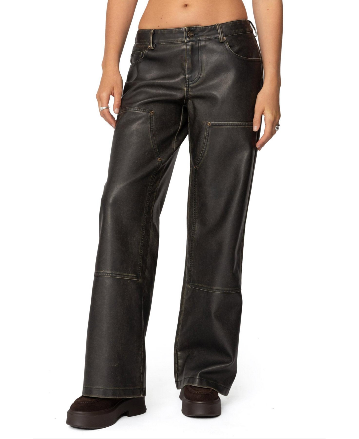 Womens Vintage Washed Faux Leather Pants - Black