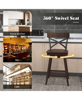 Set of 2 Wooden Swivel Bar Stools Counter Height Kitchen Chairs w/ Back