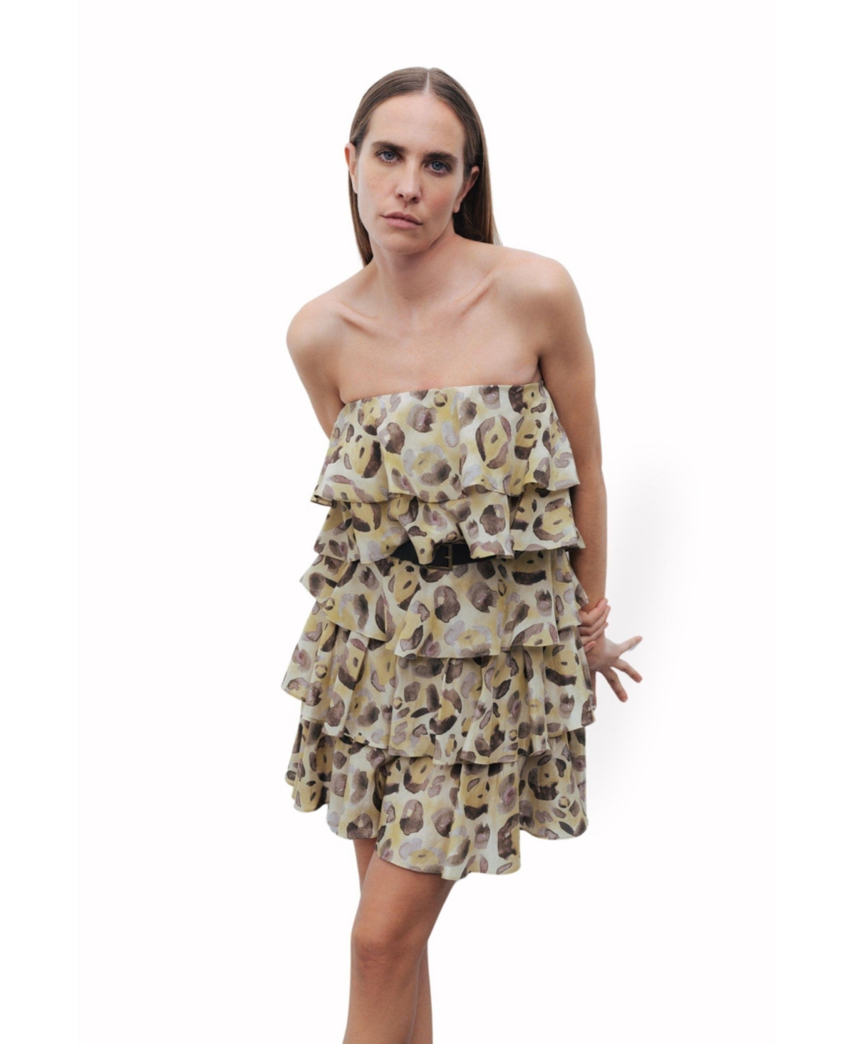 Women's Belt Detailed Ruffle Mini Dress - Multi-colored