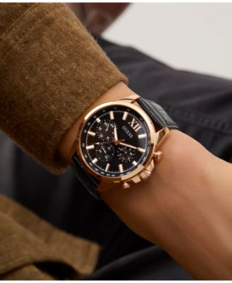 Men's Multifunction Black Genuine Leather Watch, 44mm