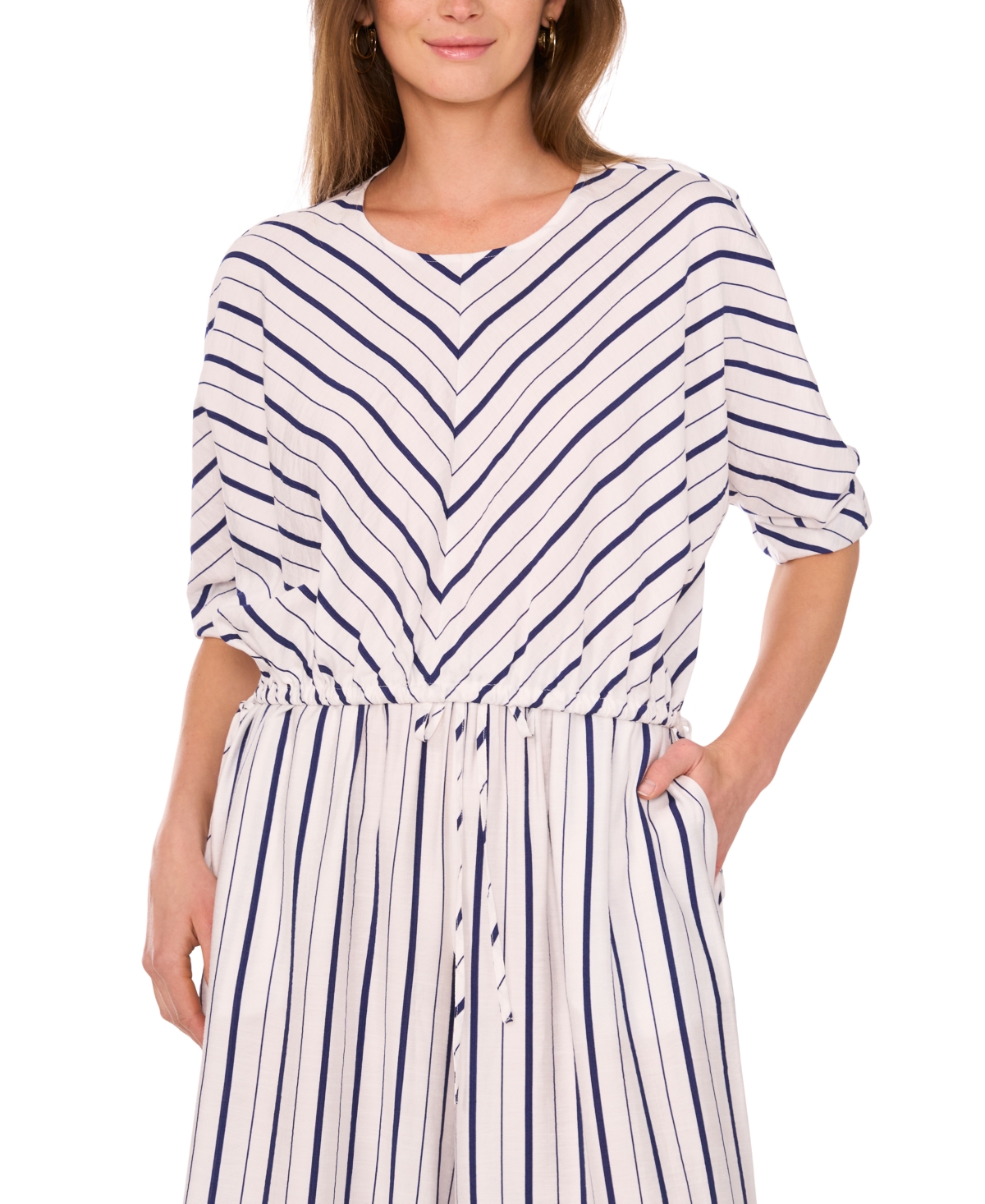 Women's Drawstring-Hem Puff-Sleeve Top - Jbs Navy Stripe