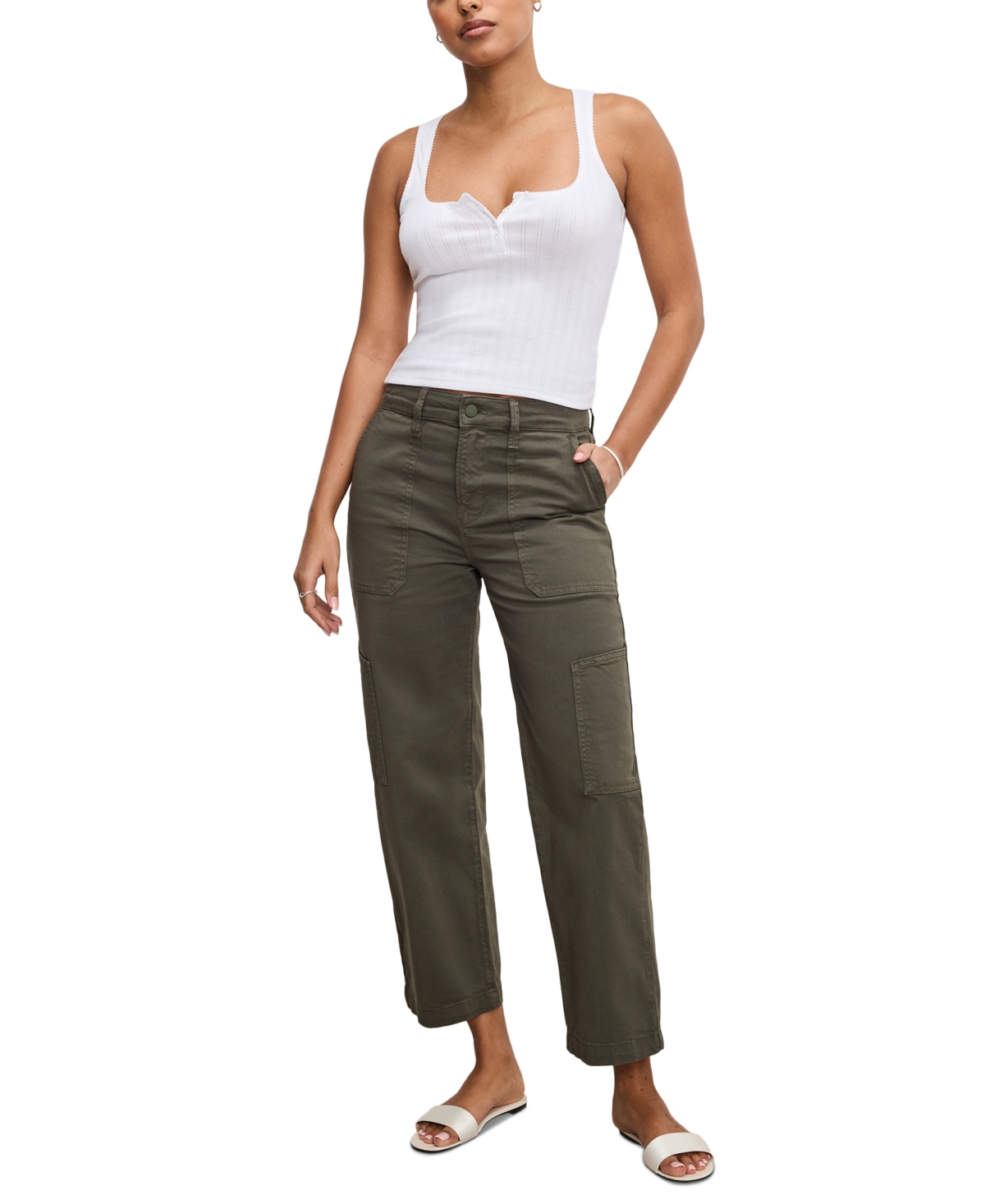 Shop Good American Women's Pointelle Square-neck Henley Tank Top In White