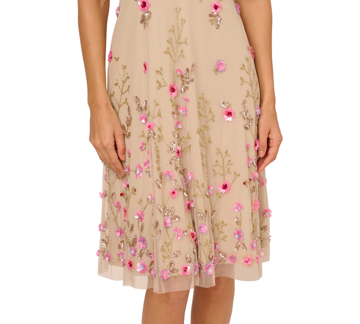ADRIANNA PAPELL WOMEN'S BEADED MESH MIDI DRESS 