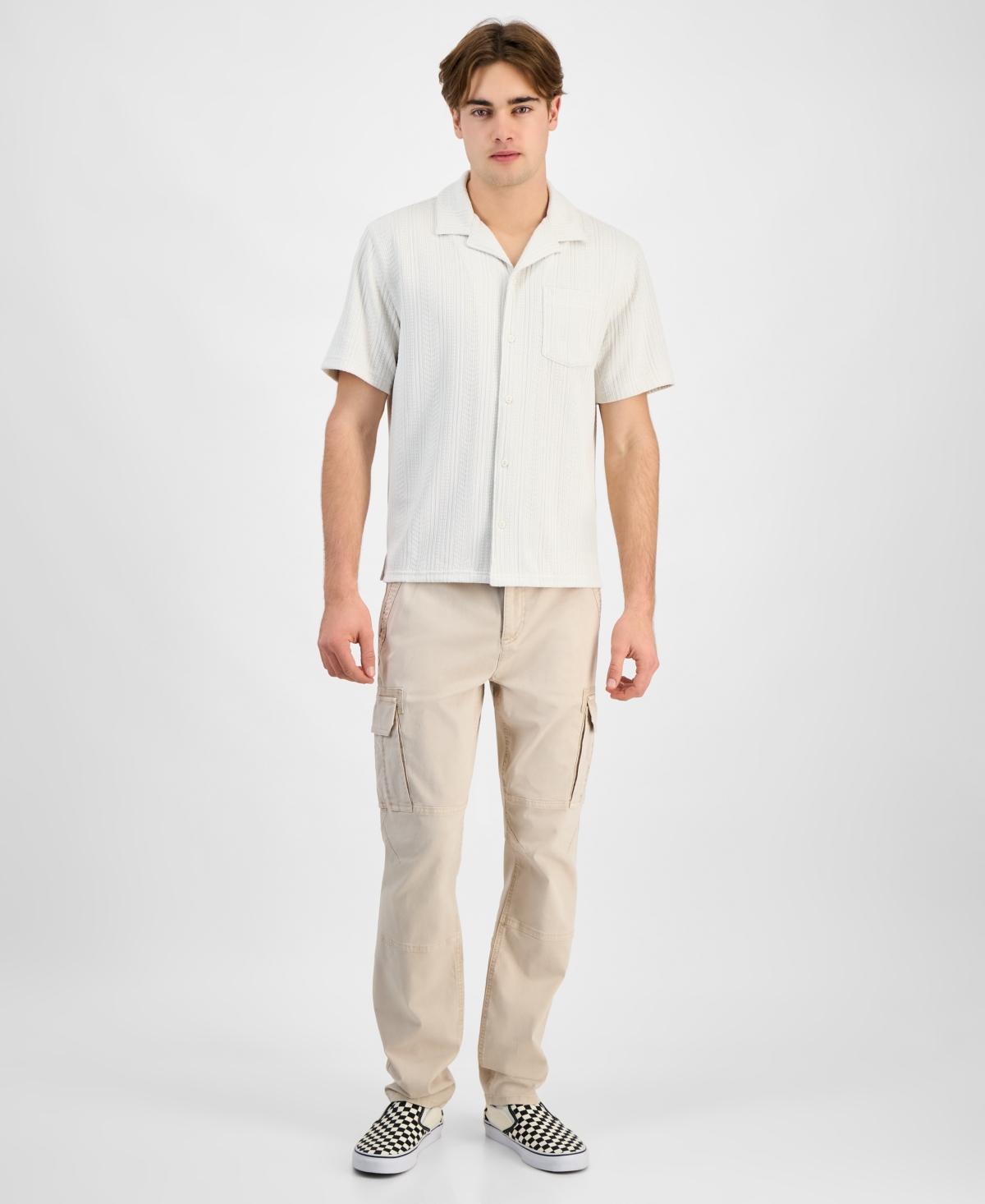 Sun + Stone Men's Textured Chevron Knit Short Sleeve Button-Front Camp Shirt, Created for Macy's